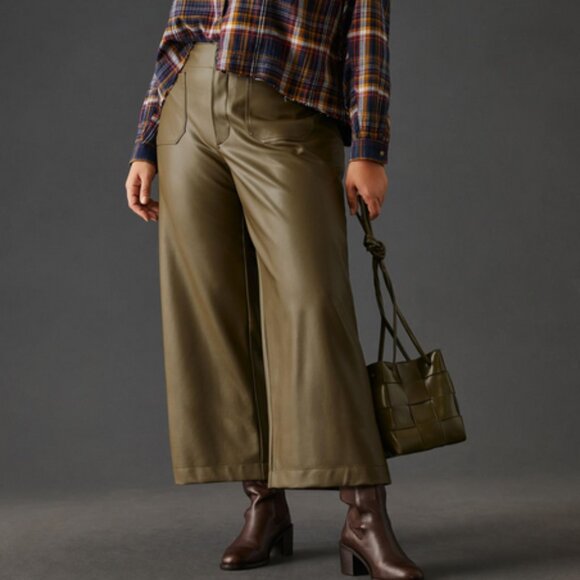 NWT Anthropologie Maeve 22W The Colette Crop Wide-Leg Faux Leather Pants Moss 22